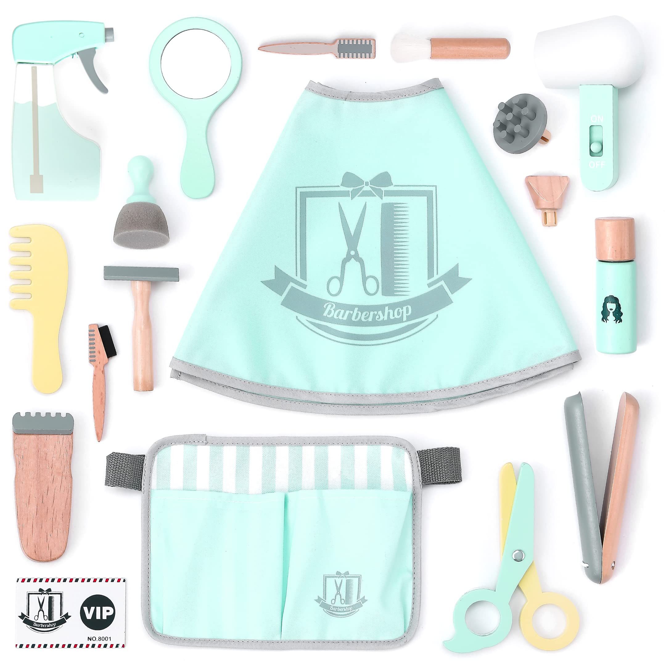 CLTYQ Spielzeug-Frisierkoffer Kinder Holz Friseur Spielset mit Tasche für Friseurwerkzeuge inkl., 18 Stk Friseurkoffer Haarstyling Zubehör Makeup Spielzeug