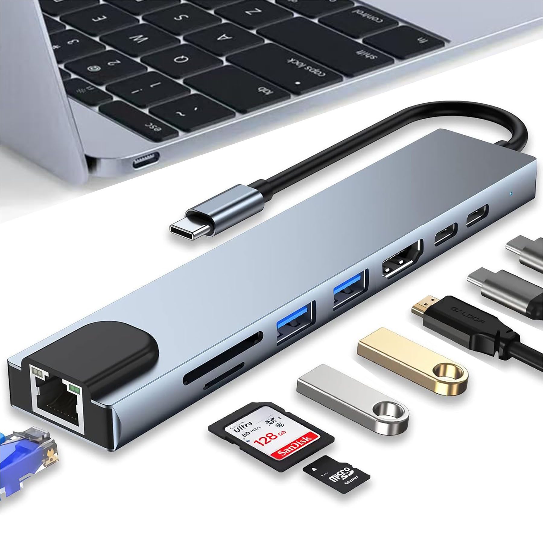 Senmudi USB-Verteiler 8-IN-1 USB C Hub, Typ-C Multiport Adapter mit Ethernet, USB Hub 3.0 (SD/TF-Player,D 100W,4K HDMI,100gbps,5 Gbps Übertragungsgeschwindigkeit, Multiport Typ C für MacBook Air Pro, iPad, iPhone 15 16, Windows PC), für MacBook, iPad, Chr