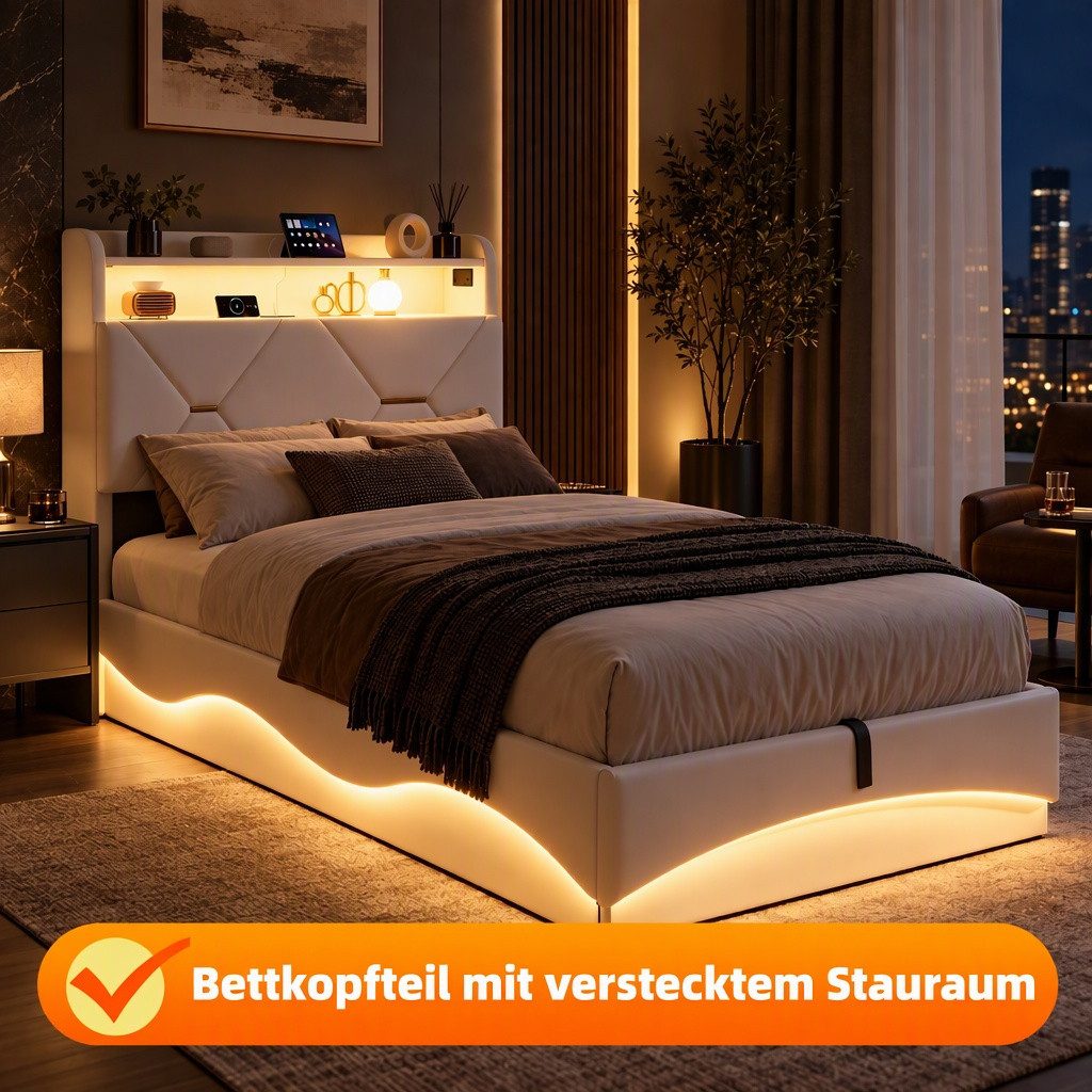 PXloue Polsterbett LED Doppelbett, Einzelbett, Bettkasten, Ladefunktion, Samt, 90x200 cm