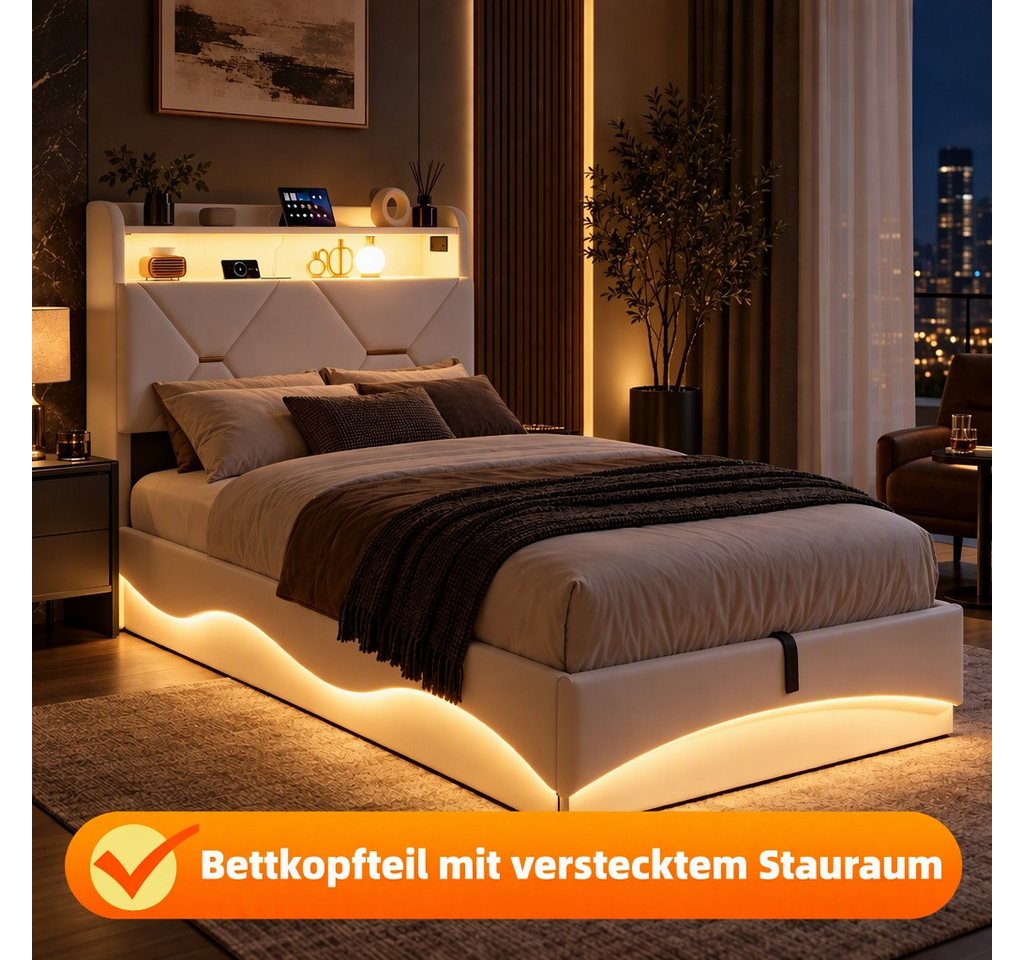 PXloue Polsterbett LED Doppelbett, Einzelbett, Bettkasten, Ladefunktion, Samt, 90x200 cm