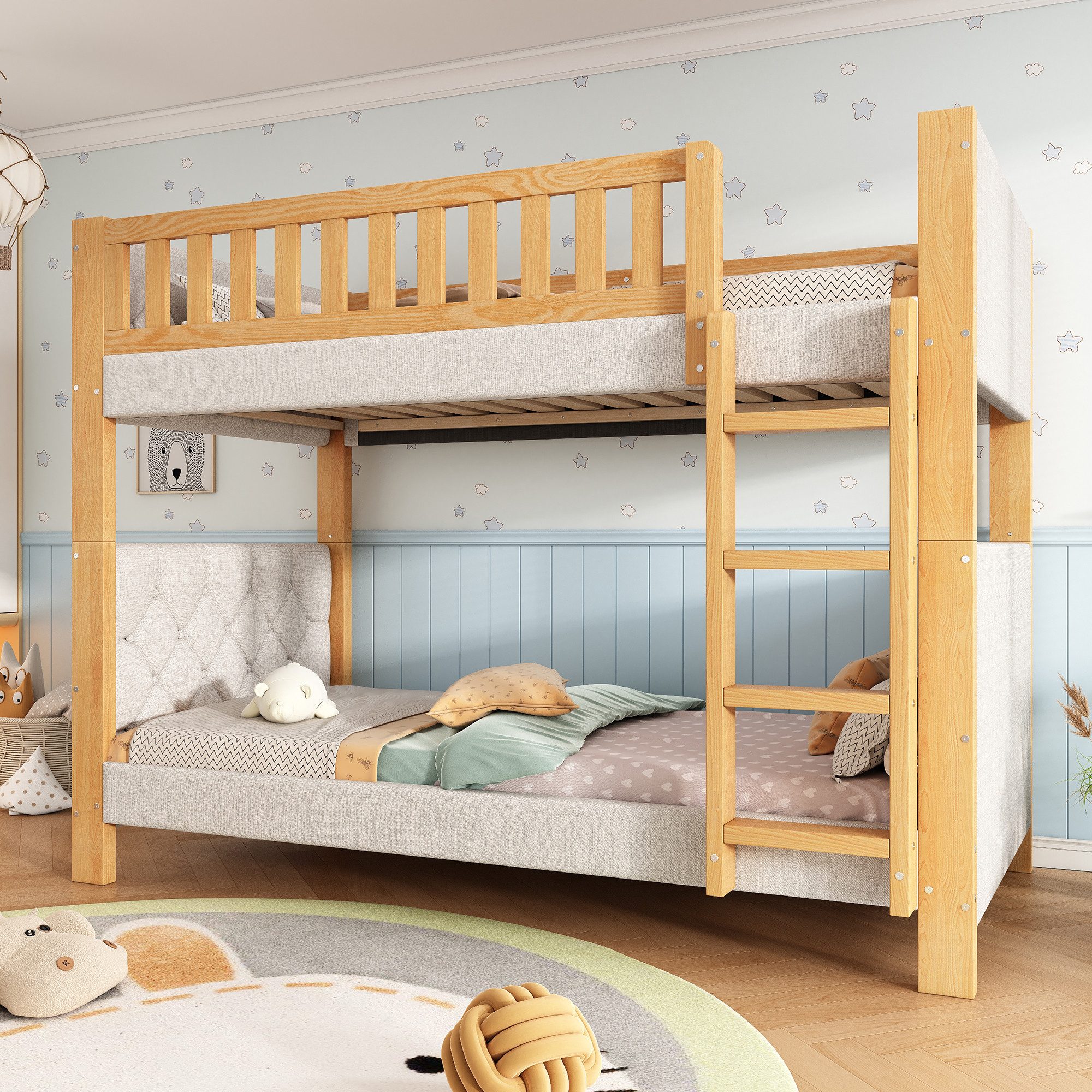 Flieks Bunk Bed, Children's Bed 90x200cm with Anti-Collision Sponge Edge and Fall Protection