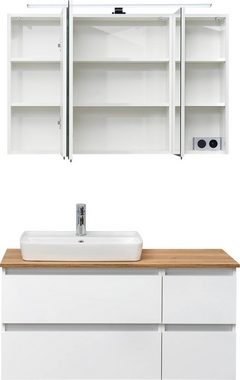 Saphir Badmöbel-Set Quickset 360 2-teilig, Keramik-Aufsatzbecken mit LED-Spiegelschrank, (2-St), Waschtischplatte, 115 cm breit, Weiß Glanz, 3 Türen, 4 Schubladen