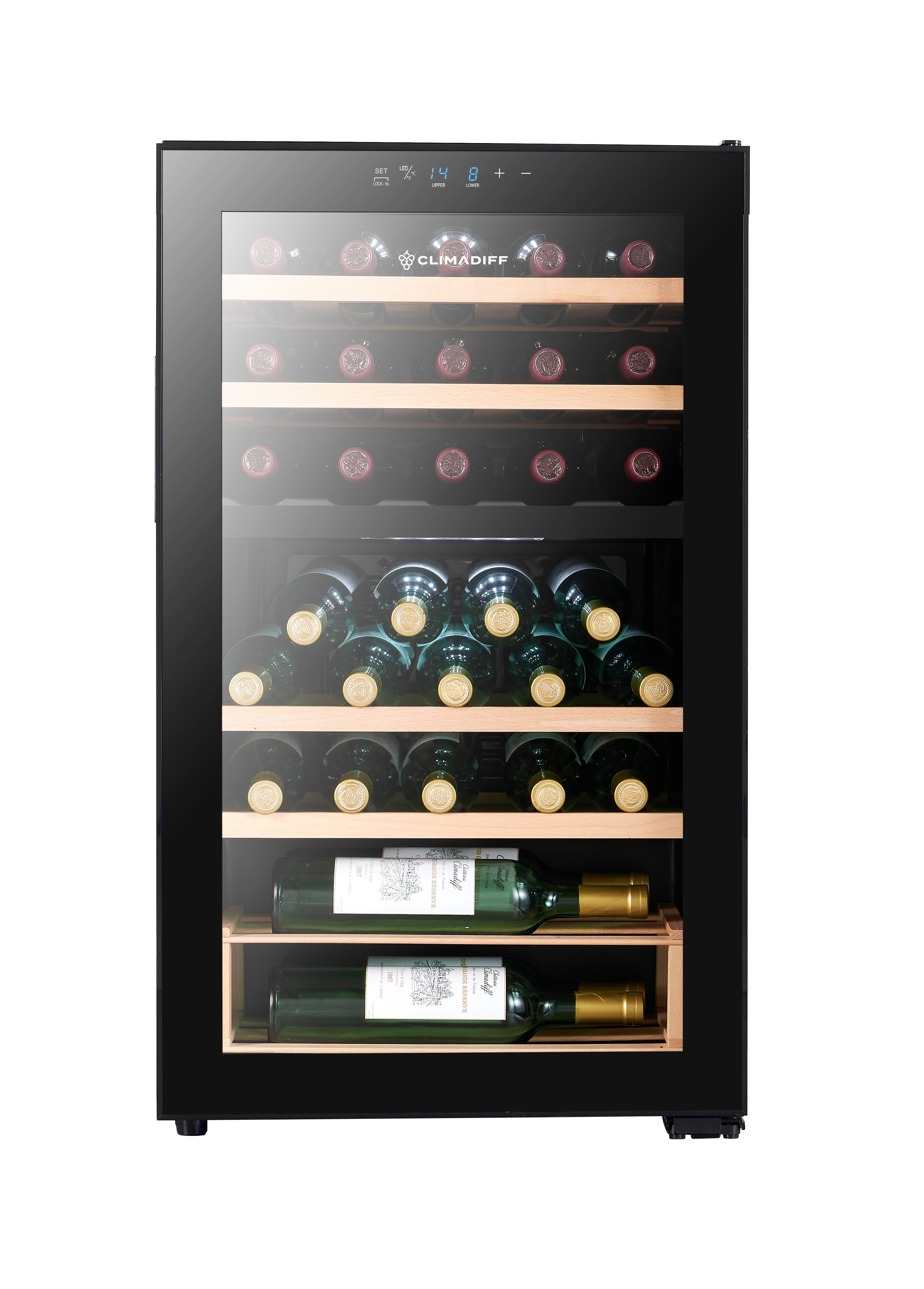 CLIMADIFF Weintemperierschrank CEPAGE33DZ, für 33 Standardflaschen á 0,75l,2 Temperaturzonen, LED-Beleuchtung