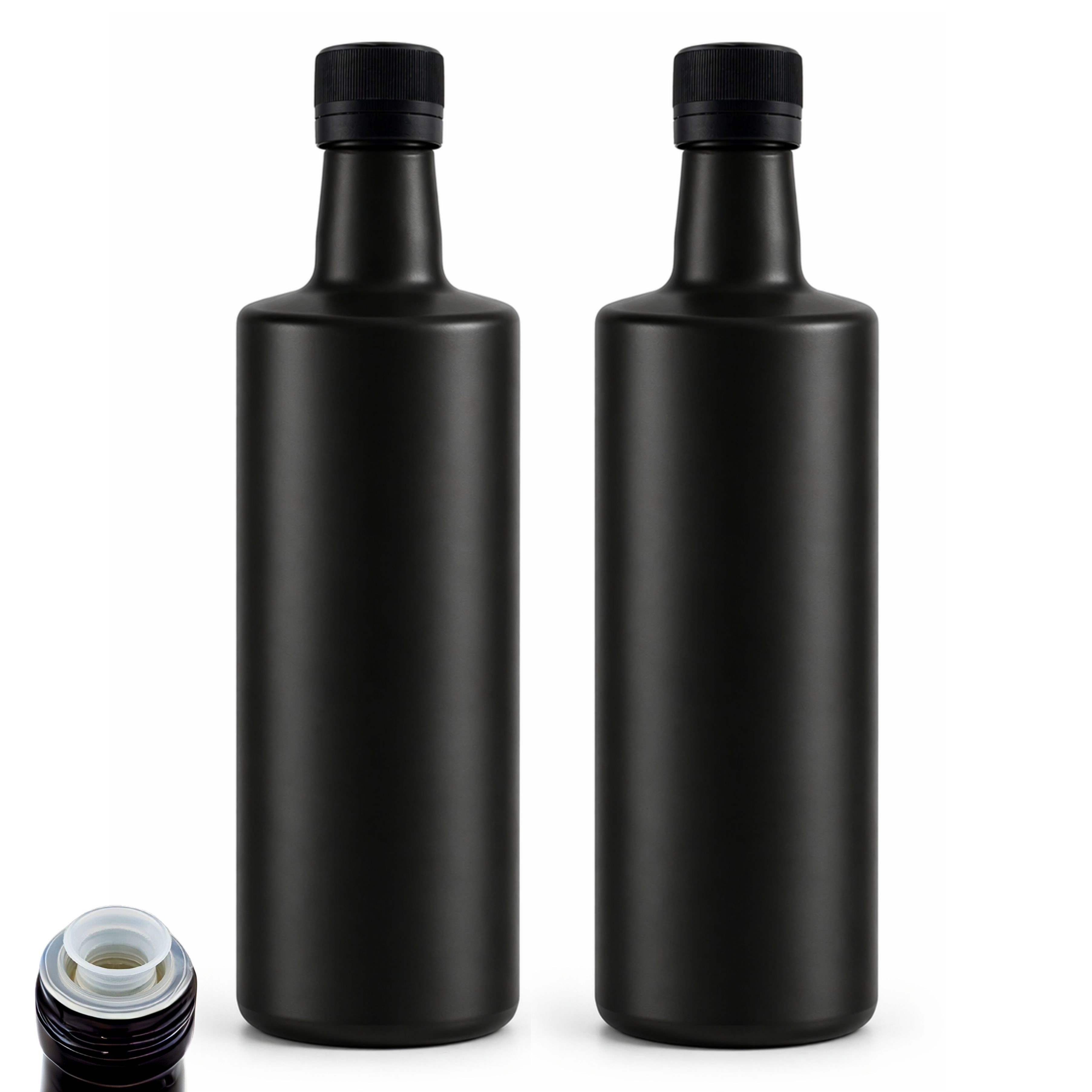 mikken Ölspender 2x Ölflasche 500 ml schwarz mit Ausgießer & Etiketten, UV-Schutz, mit Originalitätsring, 0,5 Liter, matt schwarz
