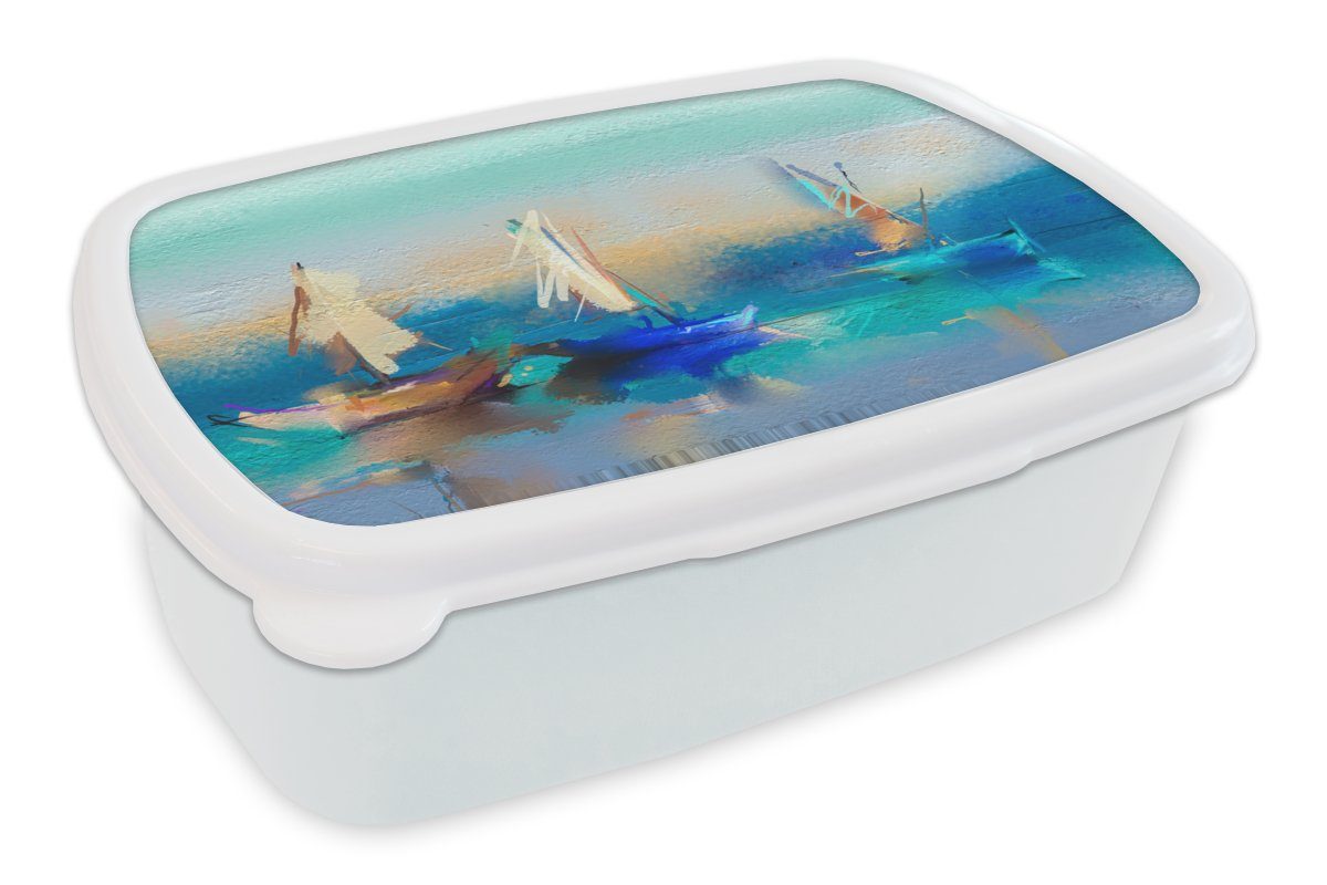 MuchoWow Lunchbox Gemälde - Ölfarbe - Boot - Abstrakt, Kunststoff, (2-tlg), Brotbox für Kinder und Erwachsene, Brotdose, für Jungs und Mädchen weiß