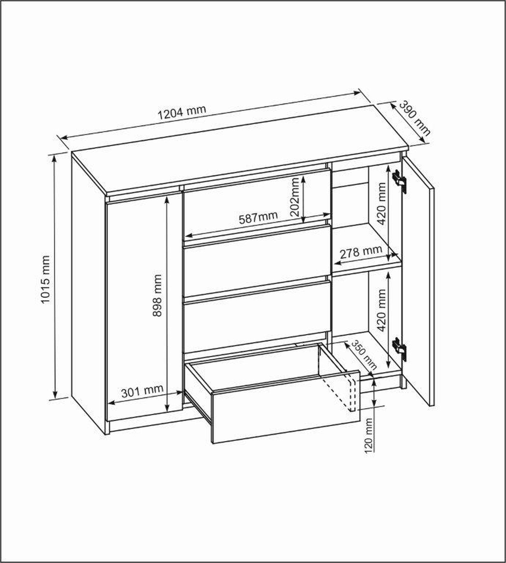 Raumhirsch Furniture Kommode, Sideboard, Kommode für das Schlafzimmer - Wohnzimmer (Maße: 120 × 39 × 101,5 cm, 2 Türen, 4 Schubladen, Rollenschienen), viele Farbvarianten - Hochwertig & stabil