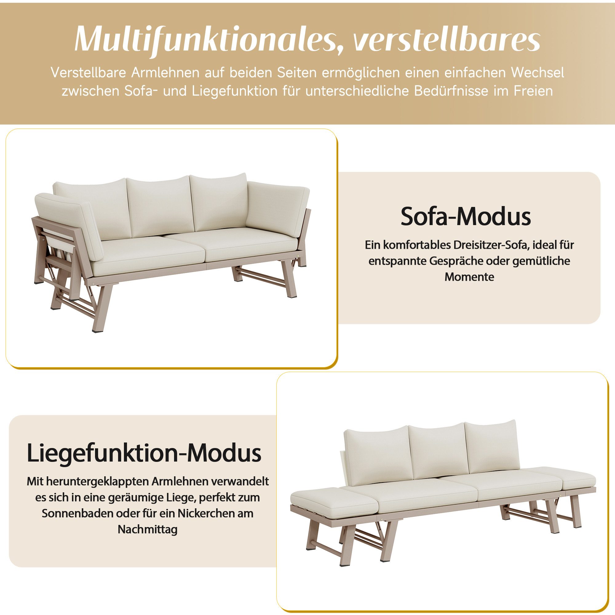 Flieks Balkonset, 3-Sitzer Gartenmöbel Gartensofa mit Liegefunktion (klappbare Armlehne)