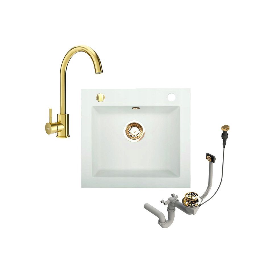 manestein Granitspüle Weiß Spülbecken, Granit Küchenspüle mit Gold Armatur und Siphon, Rechteckig, (Komplett-Set, inklusive Ablaufgarnitur mit Excenterbetatigung, inklusive Armatur), Ablaufgarnitur mit Excenterbetätigung