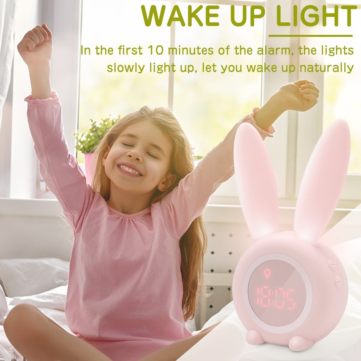 EXTSUD LED Nachtlicht Kinder Lichtwecker Cute Rabbit Kinderwecker, Creative Nachttischlampe Snooze-Funktion zeitgesteuertes Nachtlicht – Bild 4 von 5