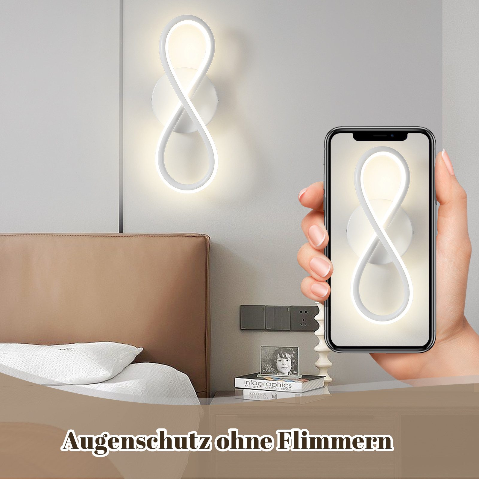 ZMH LED Wandleuchte innen Wohnzimmer 7W Modern Wandlampe Flur Weiß/schwarze, LED fest integriert, Warmweiß, 8-förmiges Design,Flurlampe,7W,Warmweiß – Bild 4 von 5