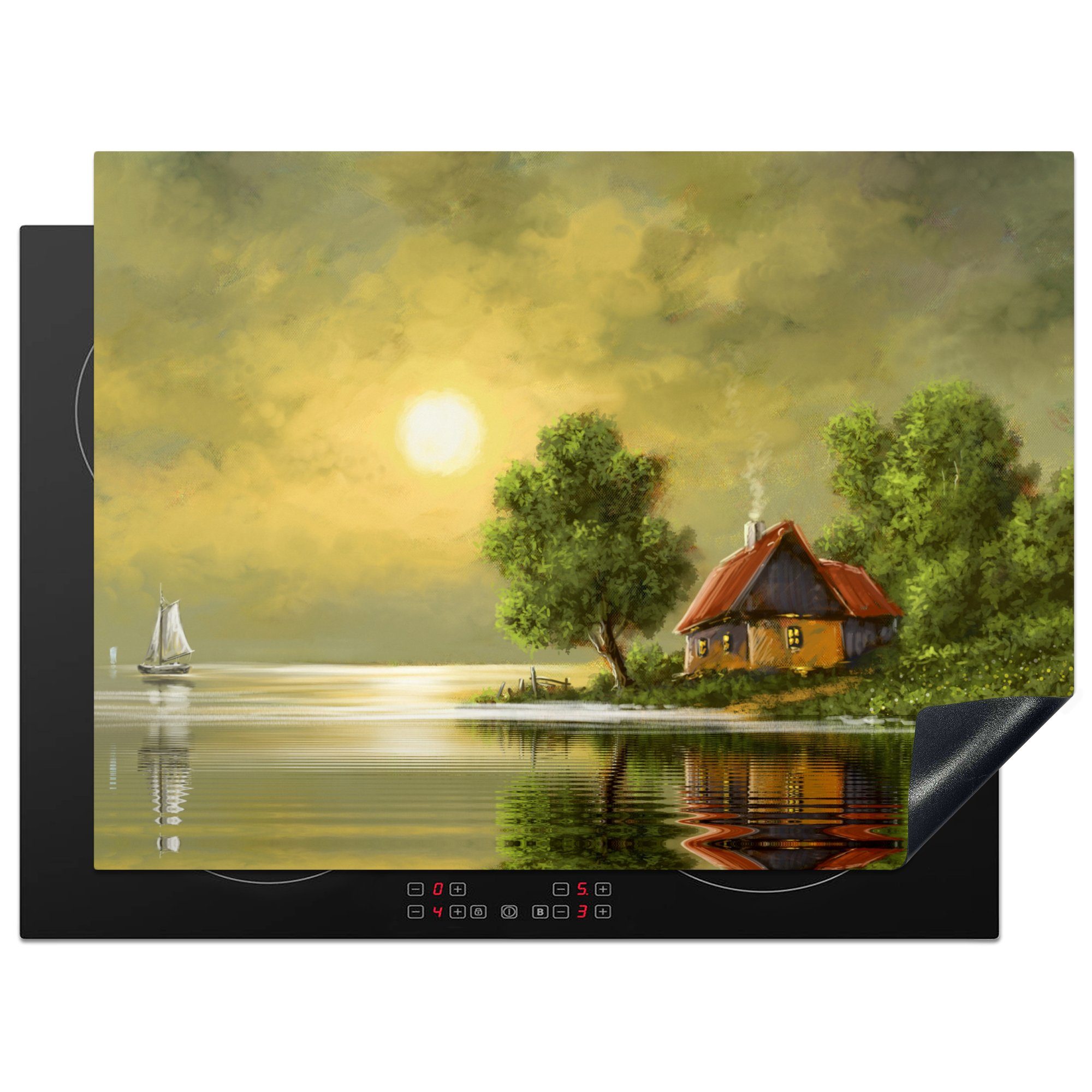 MuchoWow Herdblende-/Abdeckplatte Gemälde - Ölfarbe - Haus - Natur - Wasser, Vinyl, (1 tlg), 70x52 cm, Mobile Arbeitsfläche nutzbar, Ceranfeldabdeckung