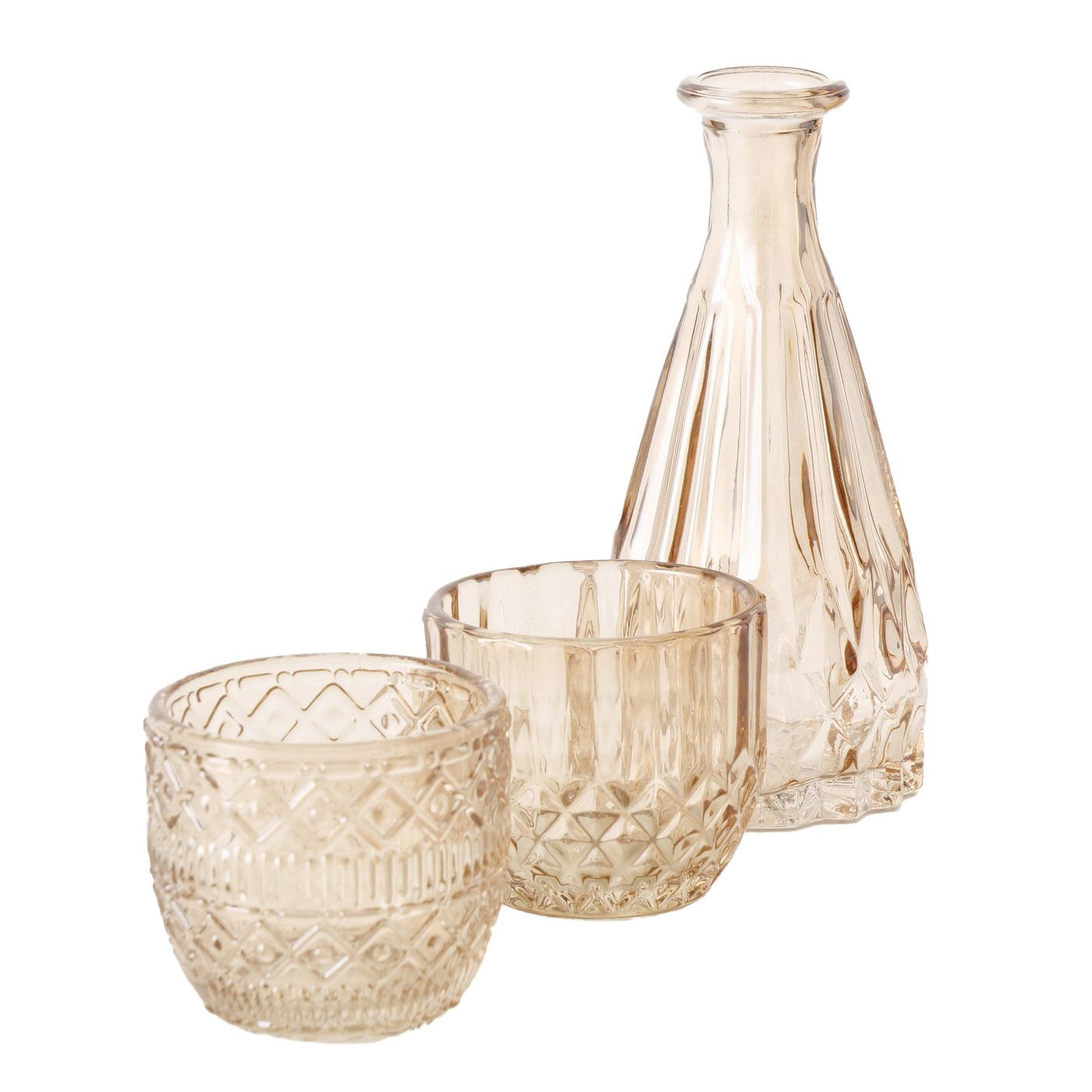 BOLTZE GRUPPE GmbH Kerzenhalter Dekoset aus Glas Kerzenhalter und Vase CHERIN, 3er Set (Kerzenhalter)