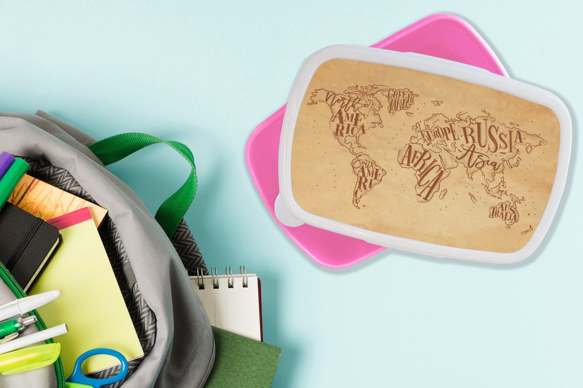 MuchoWow Lunchbox Weltkarte - Erwachsene, rosa Retro Brotbox - Kunststoff, Kunststoff (2-tlg), Brotdose Kinder, Mädchen, Snackbox, für Braun
