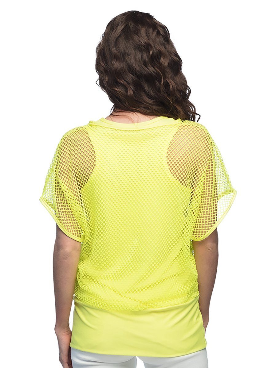Boland Kostüm Kurzarm Netzhemd neon-gelb, Blickdichtes Tanktop mit übergestülptem Netzshirt