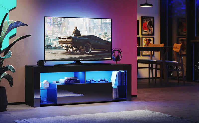 SONNI TV-Schrank TV-Schränke Schwarz Hochglanz mit LED Beleuchtung mit Klapptür Glasregal, Lowboard, tv schrank in wohnzimmer, sideboards