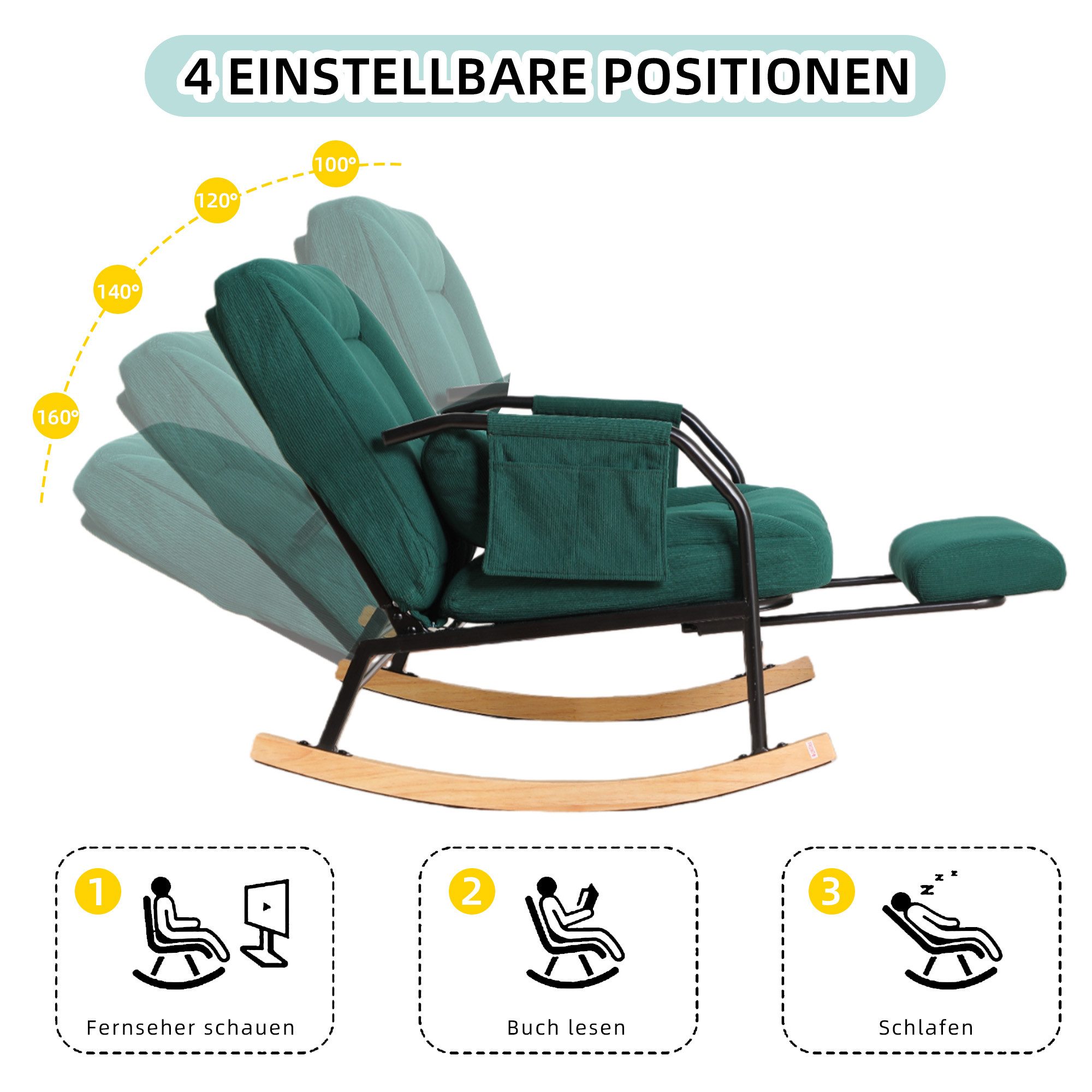 Leawin Schaukelstuhl Wohnzimmer mit Hocker & gepolstertem Kissen Cord, Großer Relax Schaukelstuhl mit Liegefunktion Cord