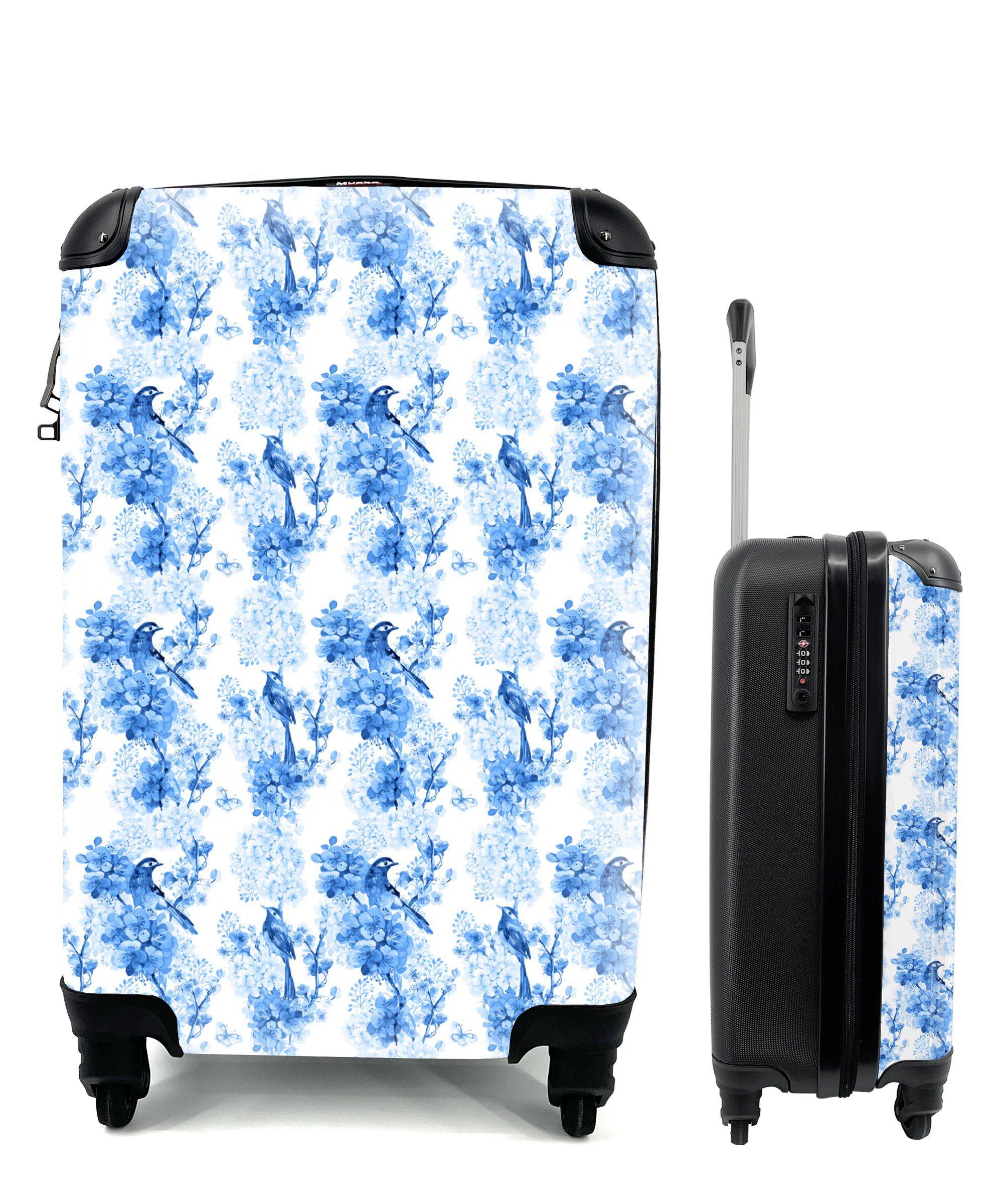 MuchoWow Handgepäckkoffer Blumen - Vögel - Blau, 4 Rollen, Reisetasche mit rollen, Handgepäck für Ferien, Trolley, Reisekoffer