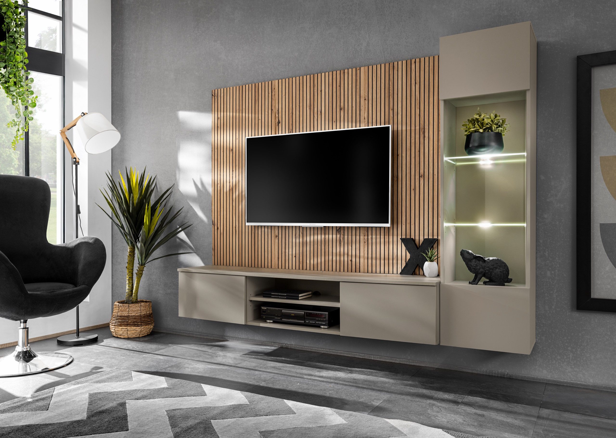 ASM-Moebel Wohnwand Wohnwand Anbauwand XARI mit Led und Push - Click, Mit Led Beleuchtung und Push-Click System