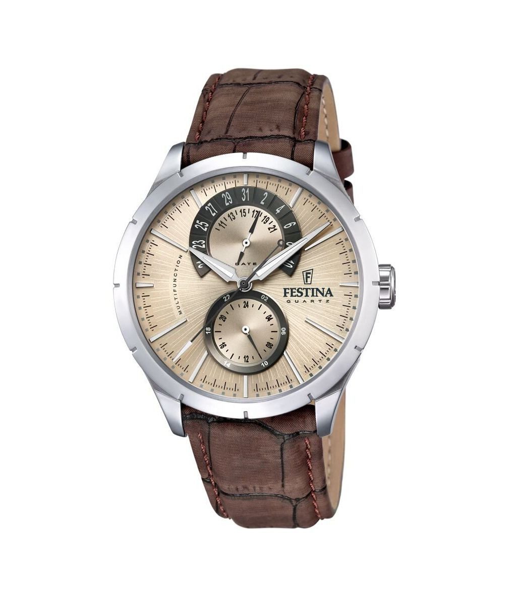 Festina Quarzuhr Herrenuhr Beiges Zifferblatt, Braunes Lederband, 44,9 mm, günstig online kaufen