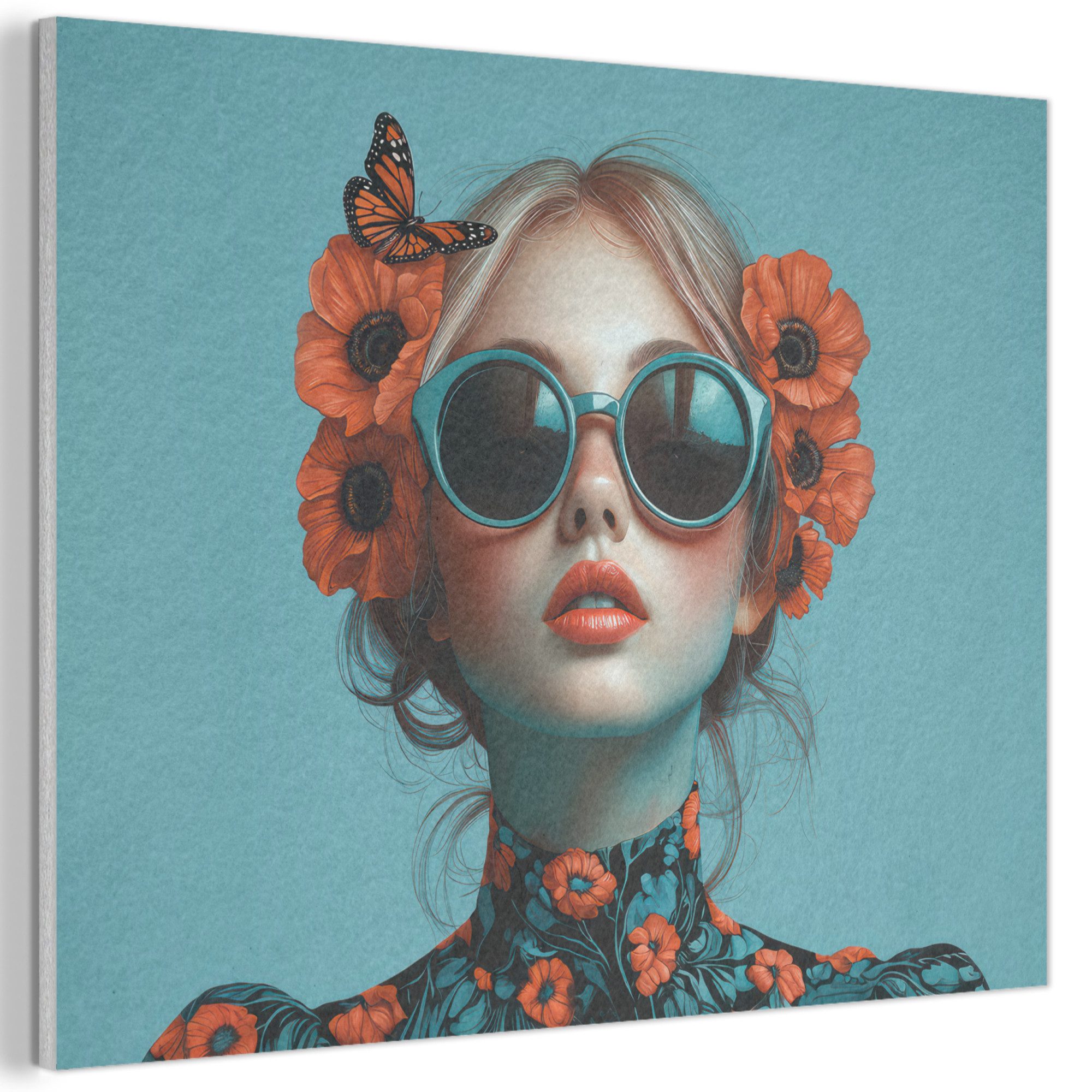 MuchoWow Картина Frau - Blau - Schmetterling - Floral - Ästhetisch, Fotodruck (1 St), Akustikpaneele PET-Filz, Akustikbild, Schalldämmung, Deko 40x30 cm
