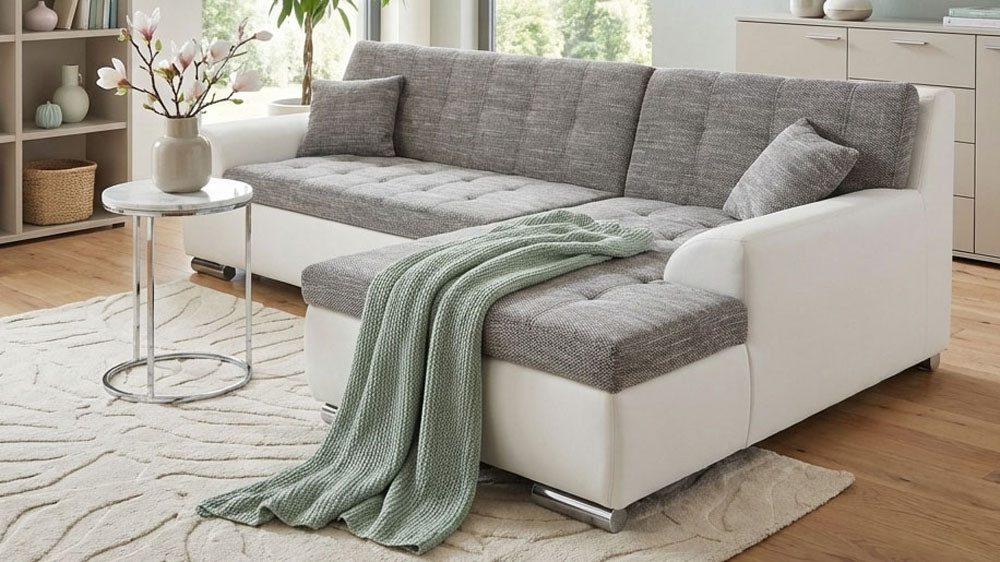 DOMO collection Ecksofa Treviso viele Bezüge, auch in Cord, L-Form, B/T/H: 267/80/83 cm, wahlw. mit Bettfunktion, inkl. Zierkissen, Unser Dauertiefpreis