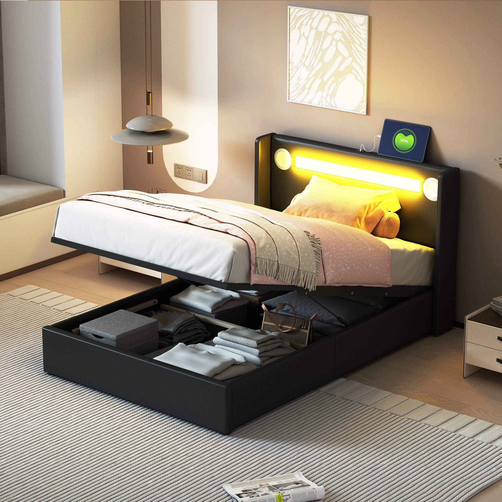 BlingBin Polsterbett Stauraumbett Jugendbett (Einzelbett, 1-tlg., 90x200 cm), mit LED-Lichtleiste, Bluetooth-Player und USB-Aufladung,Hochbeetkasten