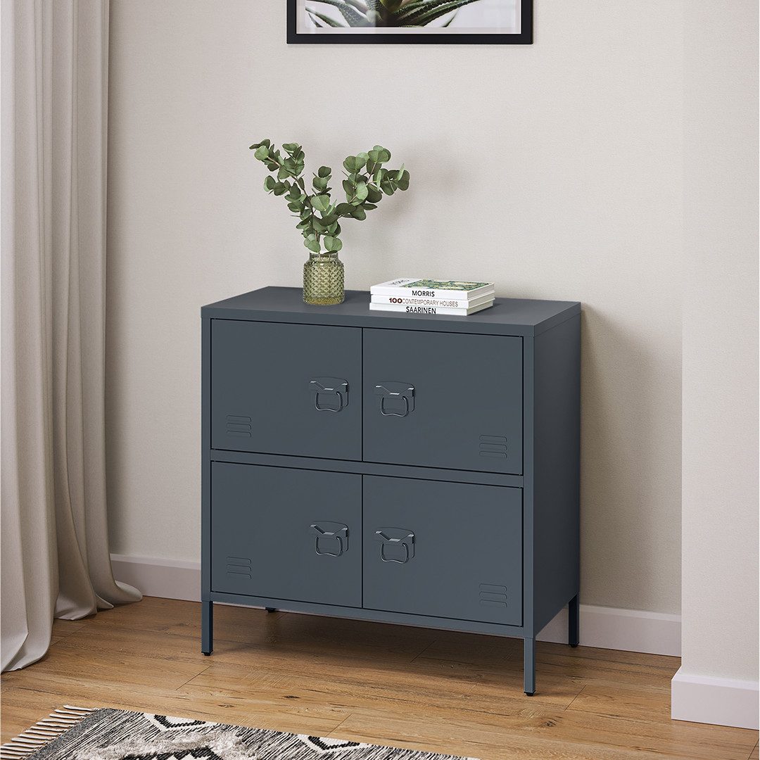 skølm Kommode Zandor (Sideboard mit 2 Fächern, 4 Türen), Wohnzimmerschrank Stahl, pulverbeschichtet, senfgelb