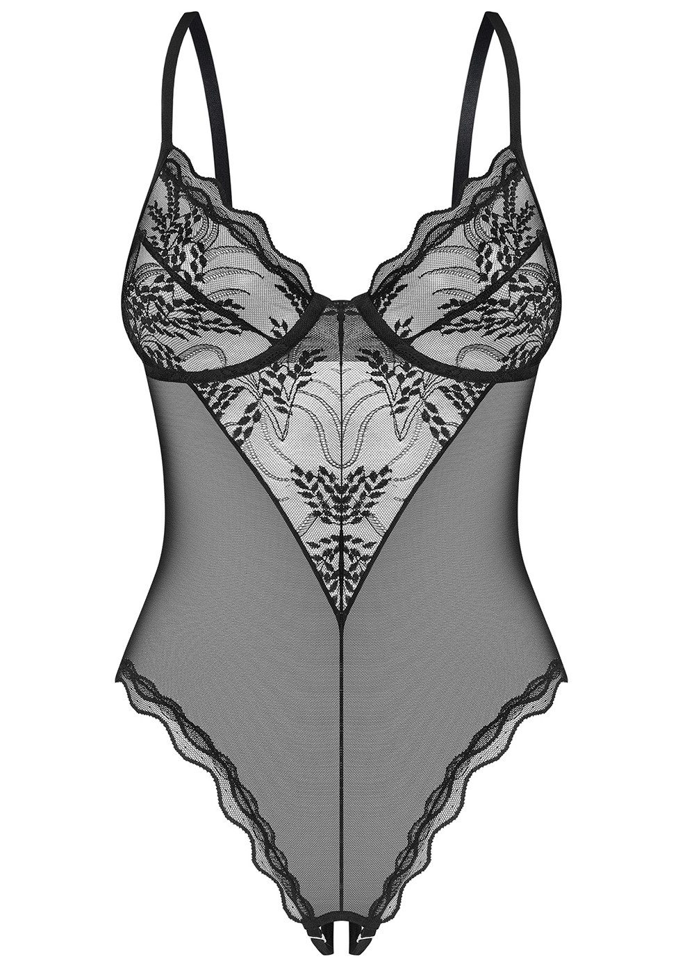 Obsessive Stringbody Perisia transparenter Body mit Muster - schwarz (1-tlg) schrittoffen, abnehmbare Schritt-Riemchen, Bügel-Cups
