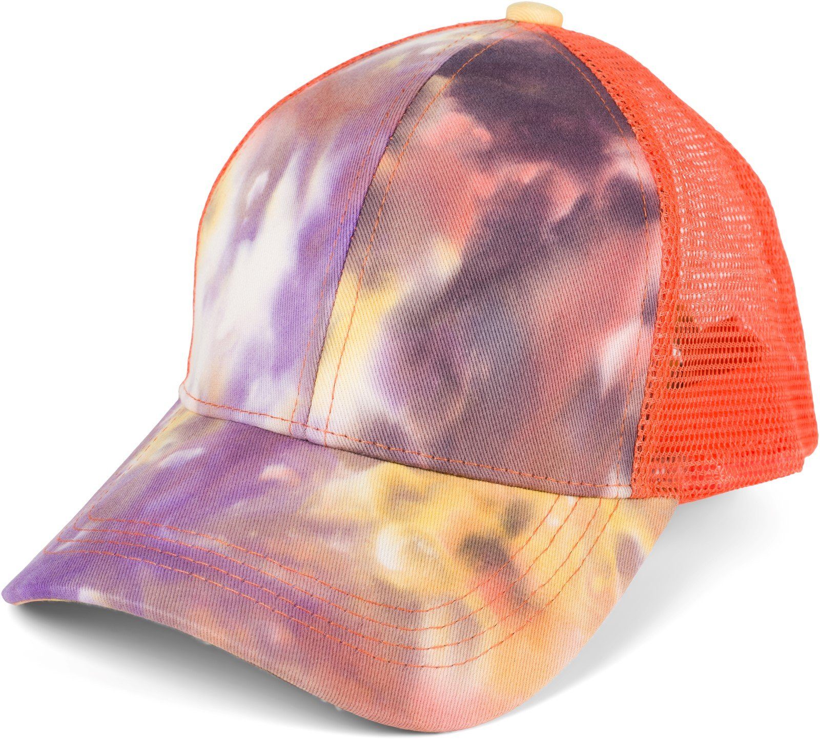 styleBREAKER Baseball Cap (1-St) Ponytail Baseball Cap Batik mit Mesh Einsatz Violett-Rose-Orange