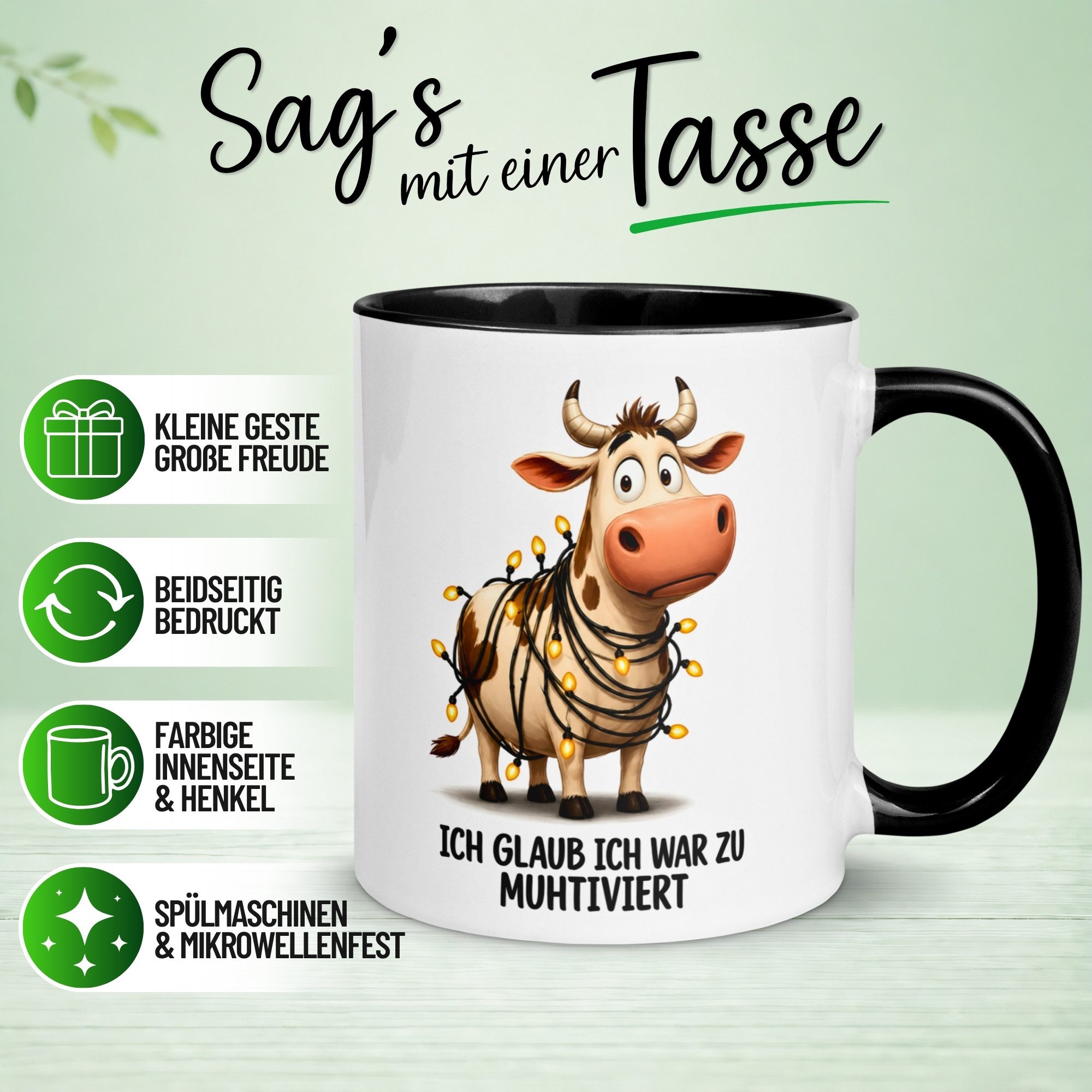 Momentals Tasse Kuh – „Ich glaub ich war zu Muhtiviert“ – lustiges Geschenk fürs Büro, Gratis Versand · Links-&Rechtshänder · Spülmaschinenfest