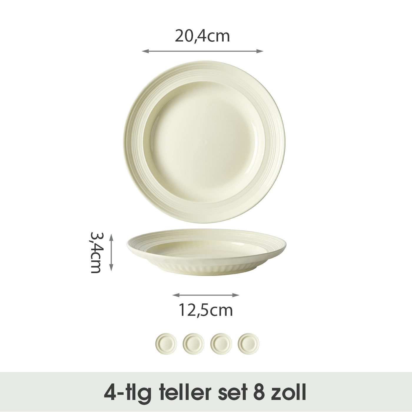 JIWOO Speiseteller 4er Ø20,4cm, Frühstücksteller Pastateller Teller Brotteller Plate, (4 St), Plate Hochwertiges Tellerset Beige Mikrowellenofen Spülmaschine