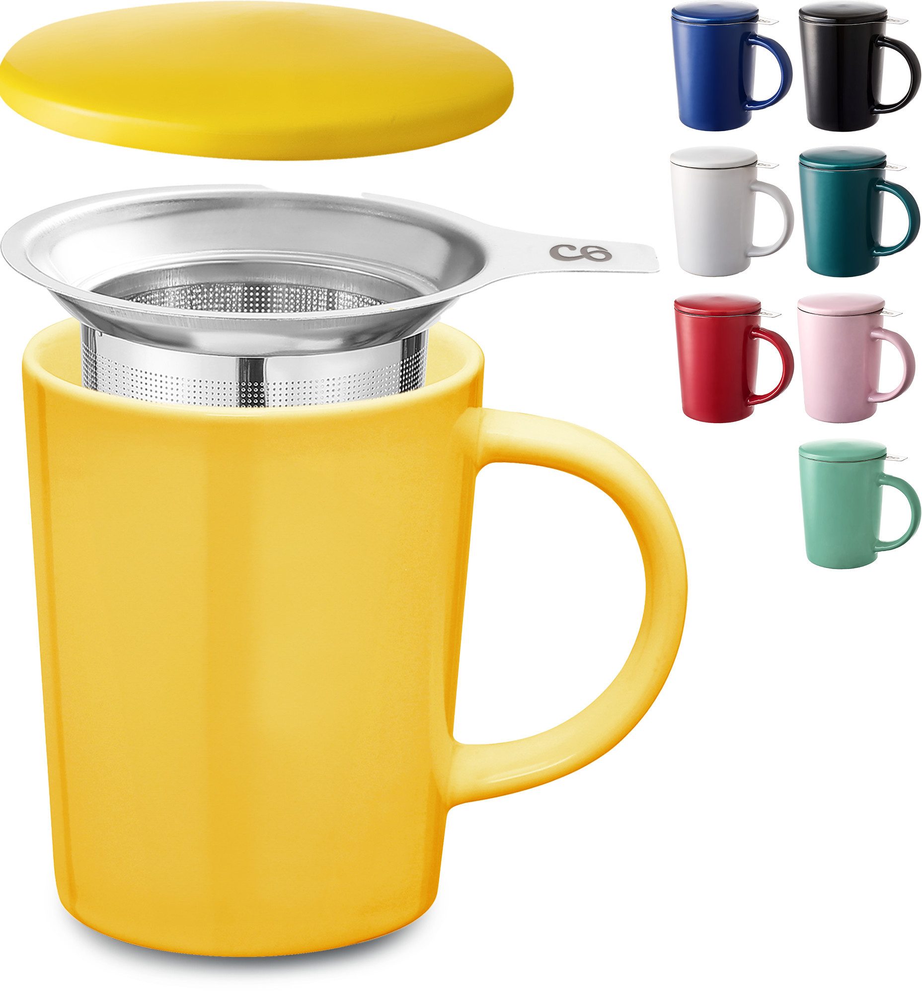 Cosumy Teeglas Teetasse mit Sieb und Deckel Gelb 400ml, Keramik, Hält Lange warm - 400 ml Groß - Spülmaschinenfest