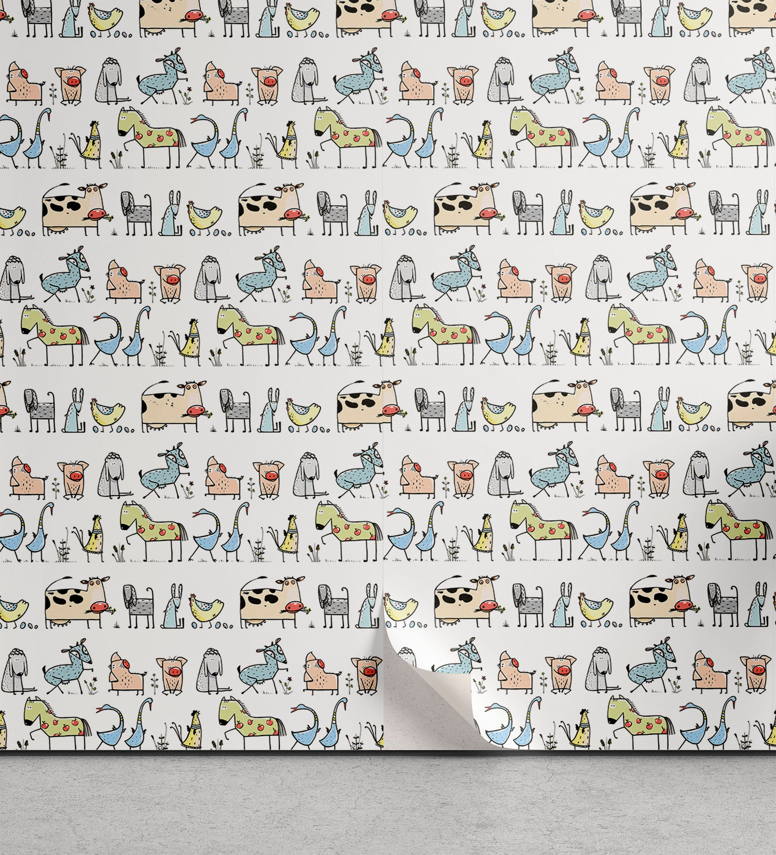 Abakuhaus Vinyltapete selbstklebendes Wohnzimmer Küchenakzent, Retro Cartoon Dorf Tiere