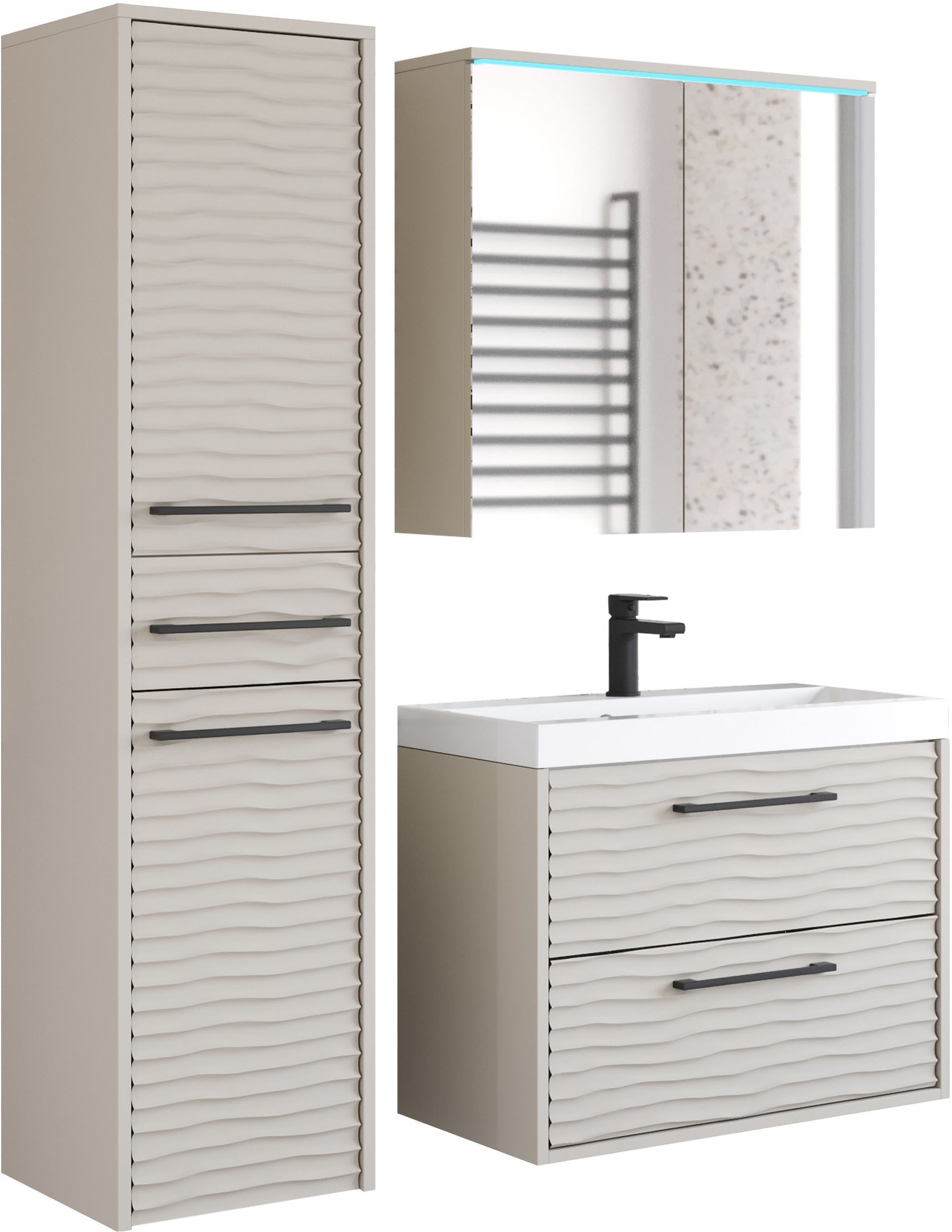 welltime Badmöbel-Set Canada - Fronten mit Wellenstruktur, (Komplett-Set, 3-St., Fronten mit Wellenstruktur), Badmöbel mit Soft-Close, Spiegelschrank, Waschtisch mit Becken