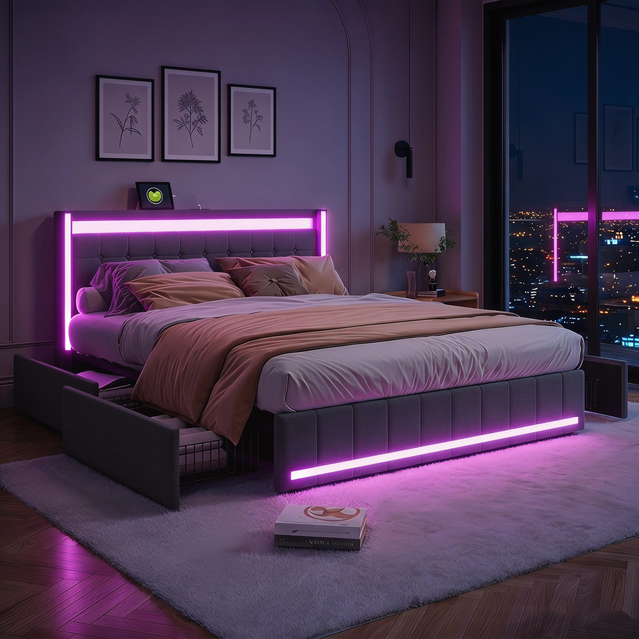 PXloue Polsterbett LED Doppelbett 140x200cm mit Ladefunktion und 4 Schubladen Polsterbett (Geeignet für Jugendliche und Erwachsene), Stauraumbett, mit RGB-LED, Lattenrost und praktischen Schubladen