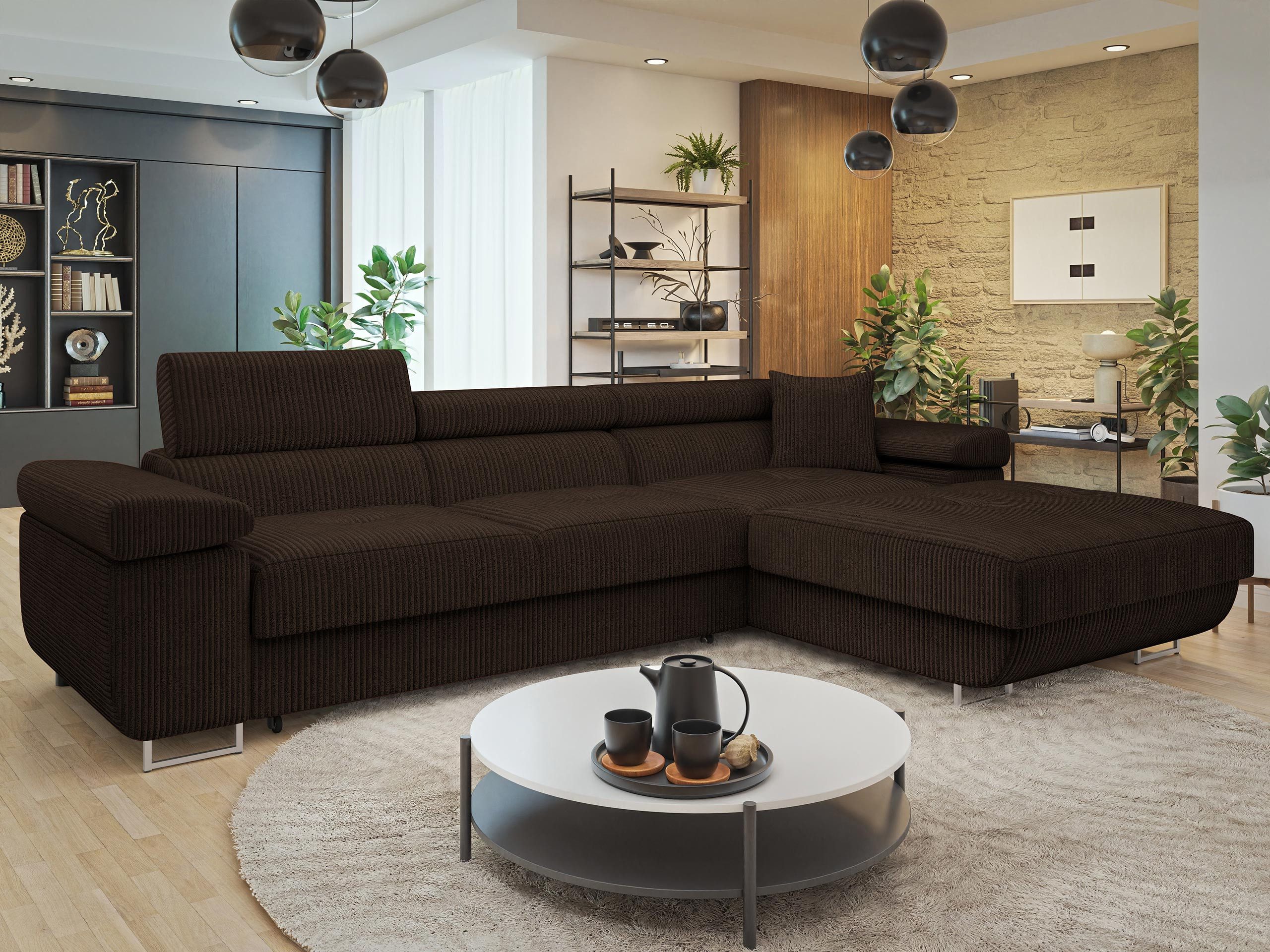 MIRJAN24 Ecksofa Torezio Mini Cord, mit Bettkasten und Schlaffunktion, Einstellbare Kopfstützen, 280x170x70-90 cm