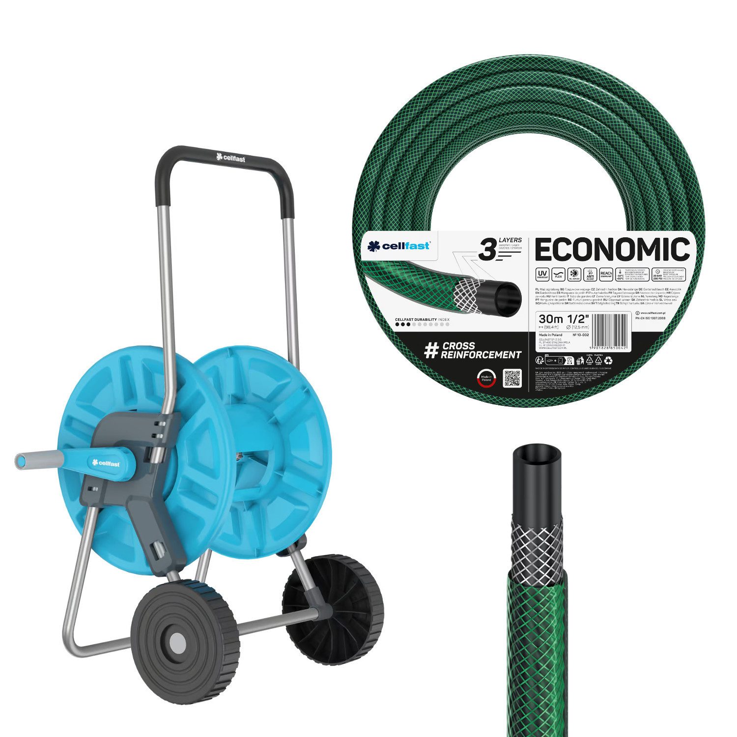 Cellfast Schlauchwagen Aluplus 1/2" 60 m + Economic Gartenschlauch 1/2" 30 m, Anti Algae, Flexi, ReaCh Compliant, UV Resistant