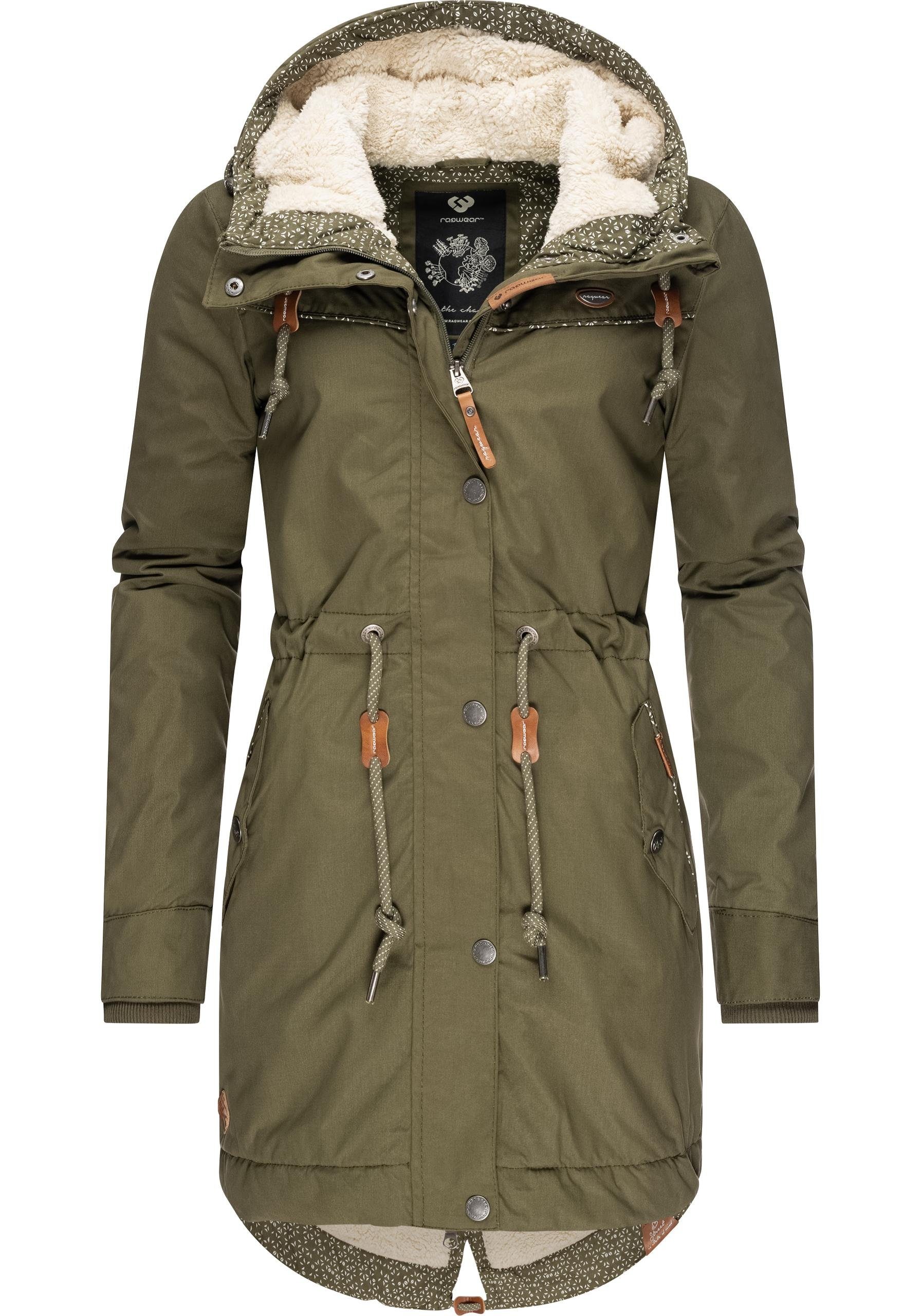 Ragwear Winterjacke Canny II Intl. Warm gefütterter Damen Parka mit Kapuze,  Mit Druckknopfleiste verdeckter Reißverschluss, Außentaschen