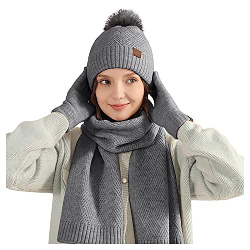 Mütze Wollknäuel (Kältebeständiger aus Set Beanie Schal Bommelmütze Bommelmütze Winter 1-St. AUKUU und Damen Fleece, Strickanzug Strickmütze Bommelmütze hellgelb