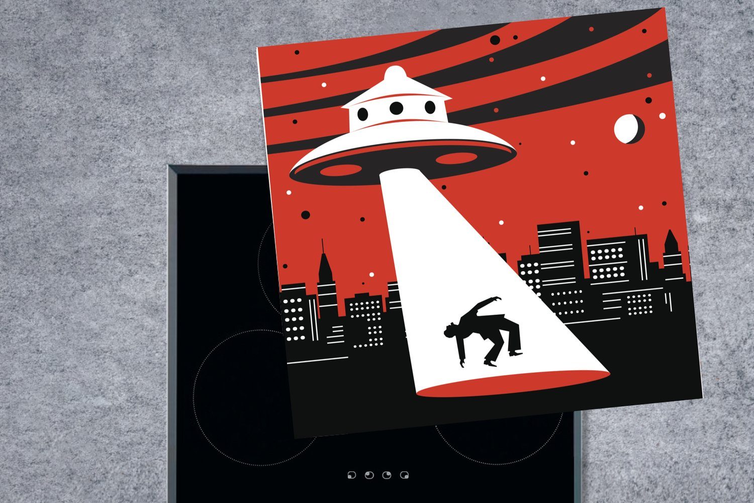 MuchoWow Herdblende-/Abdeckplatte Eine Illustration eines -, UFOs, das tlg), für cm, (1 eine küche - Vinyl, Arbeitsplatte Jungen Ceranfeldabdeckung, 78x78 entführt Person