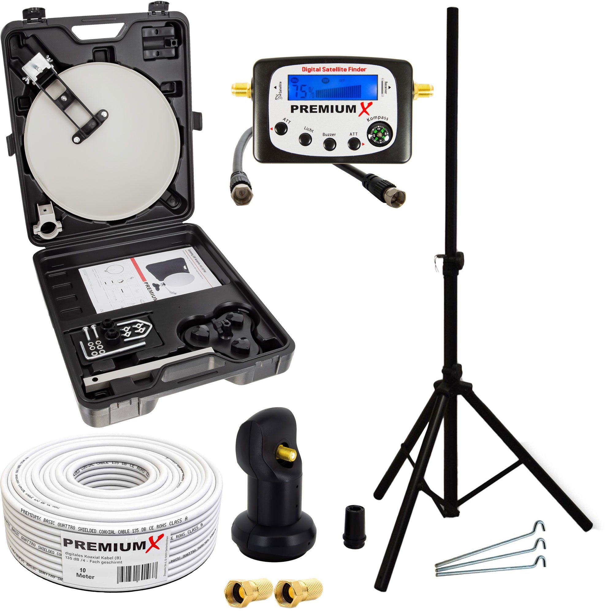 Camping SAT TV Anlage LNB Satelliten-Finder Kabel im Koffer Stativ SAT-Antenne