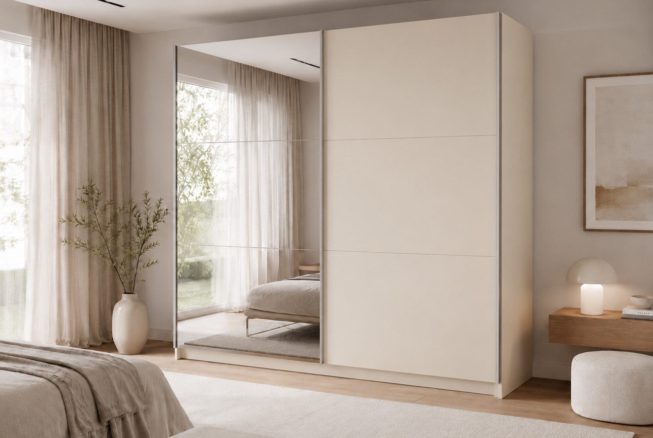 Home affaire Kleiderschrank MALOJA modern mit viel Stauraum, Fächer & Kleiderstange, Breite 200 cm Garderobe mit 2 Schiebetüren, mit Spiegel, erhältlich in 2 Farben