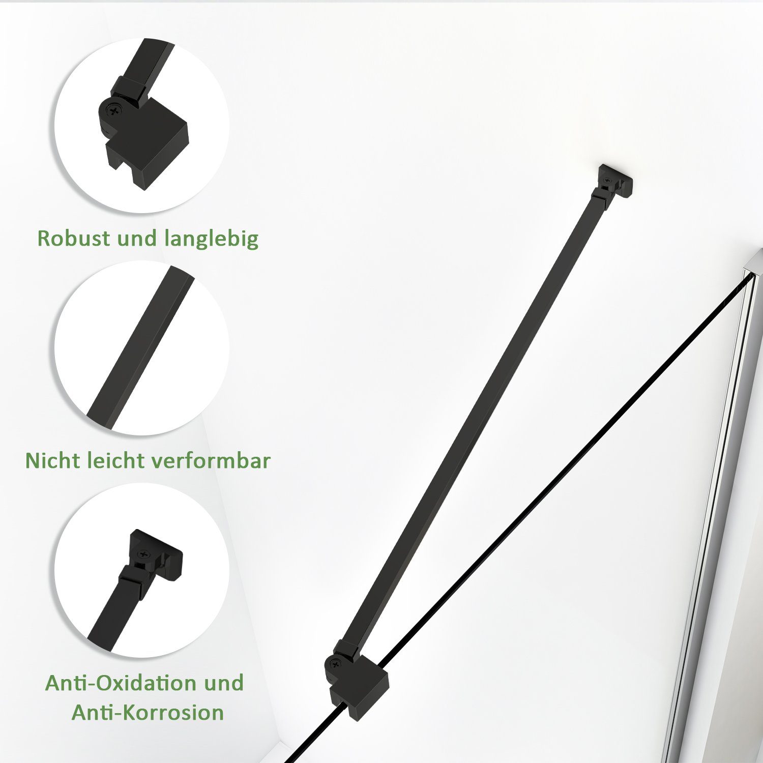 Stabilisator (Haltestange Duschwand 4-8mm Duschkabinen, In 180°drehbar flexibel Duschwand-Stabilisationsstange für Boromal Schwarz für Seitenwand), Walk 48cm,