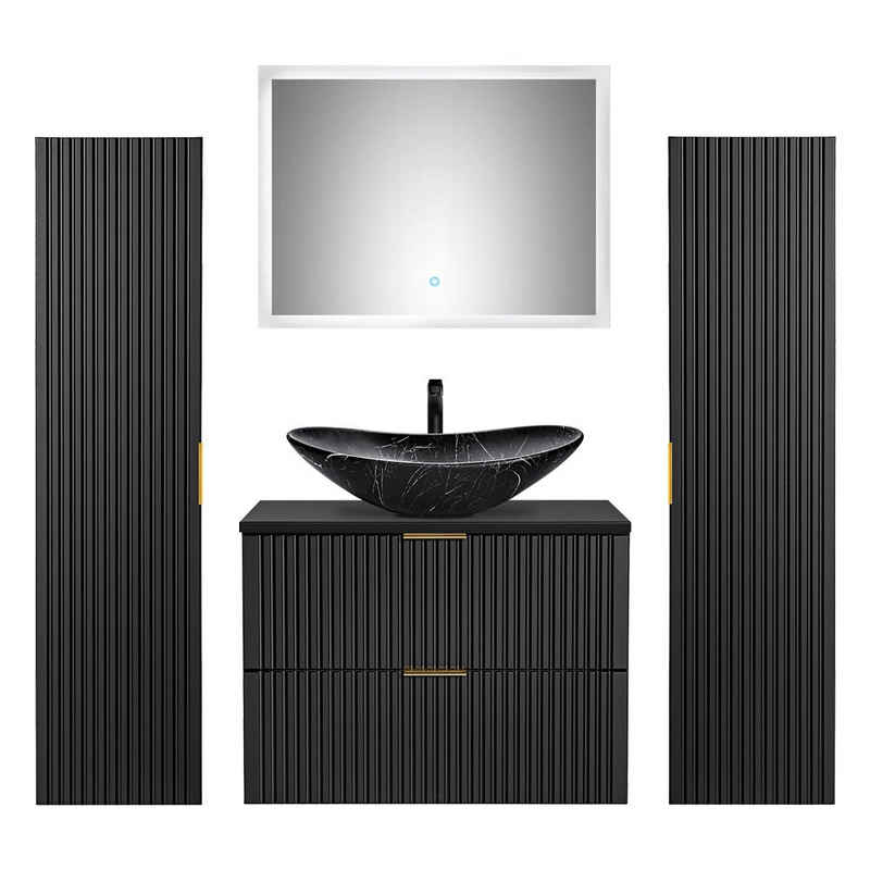 Lomadox Badmöbel-Set ADELAIDE-56-BLACK, (Spar-Set, 4-St), schwarz marmoriert LED-Spiegel matt schwarz gerillt 180/200/46,5 cm
