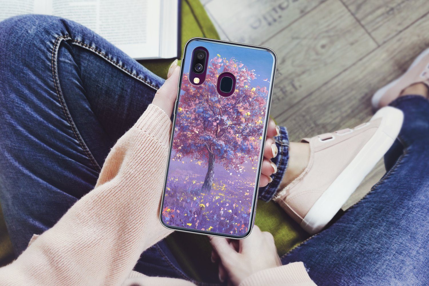 MuchoWow Handyhülle für Samsung Galaxy A40 Baum - Sommer - Rosa, Smartphone-Bumper, Print, Handy Schutzhülle Dünn
