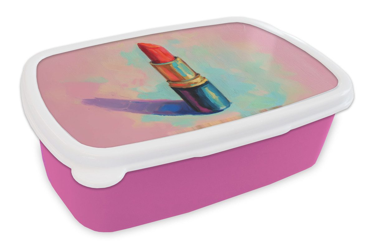 MuchoWow Lunchbox Lippenstift - Rot - Pinselstriche, Kunststoff, (2-tlg), Brotdosen, Lunch Box, Brotbox für Kinder und Erwachsene
