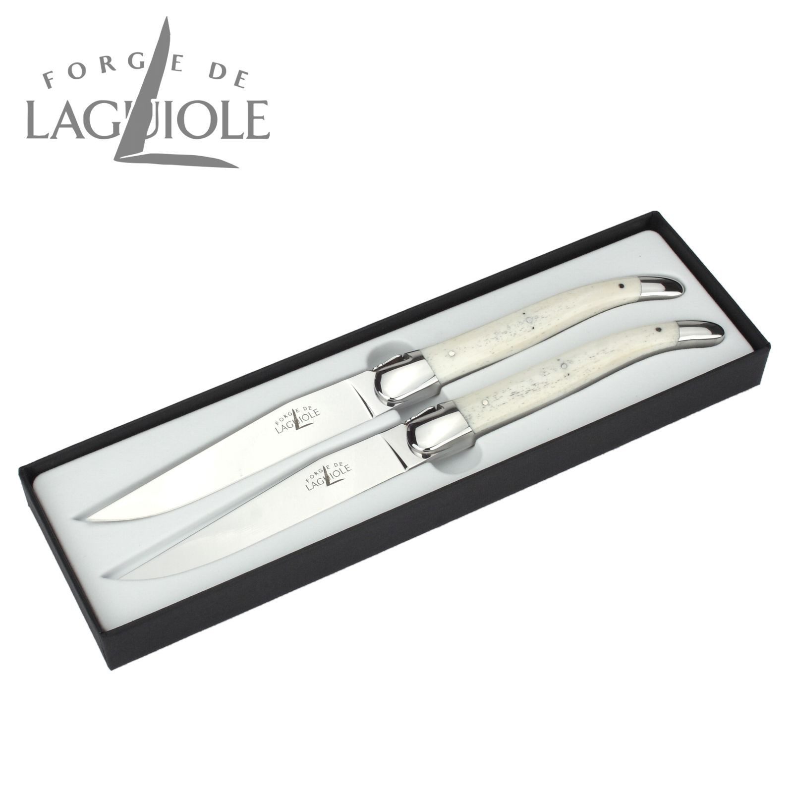 Forge de Laguiole Steakmesser T2 2M IN OS BRI 2er Set - Griff Rinderknochen - Stahl glänzend - Aufbewahrungsbox