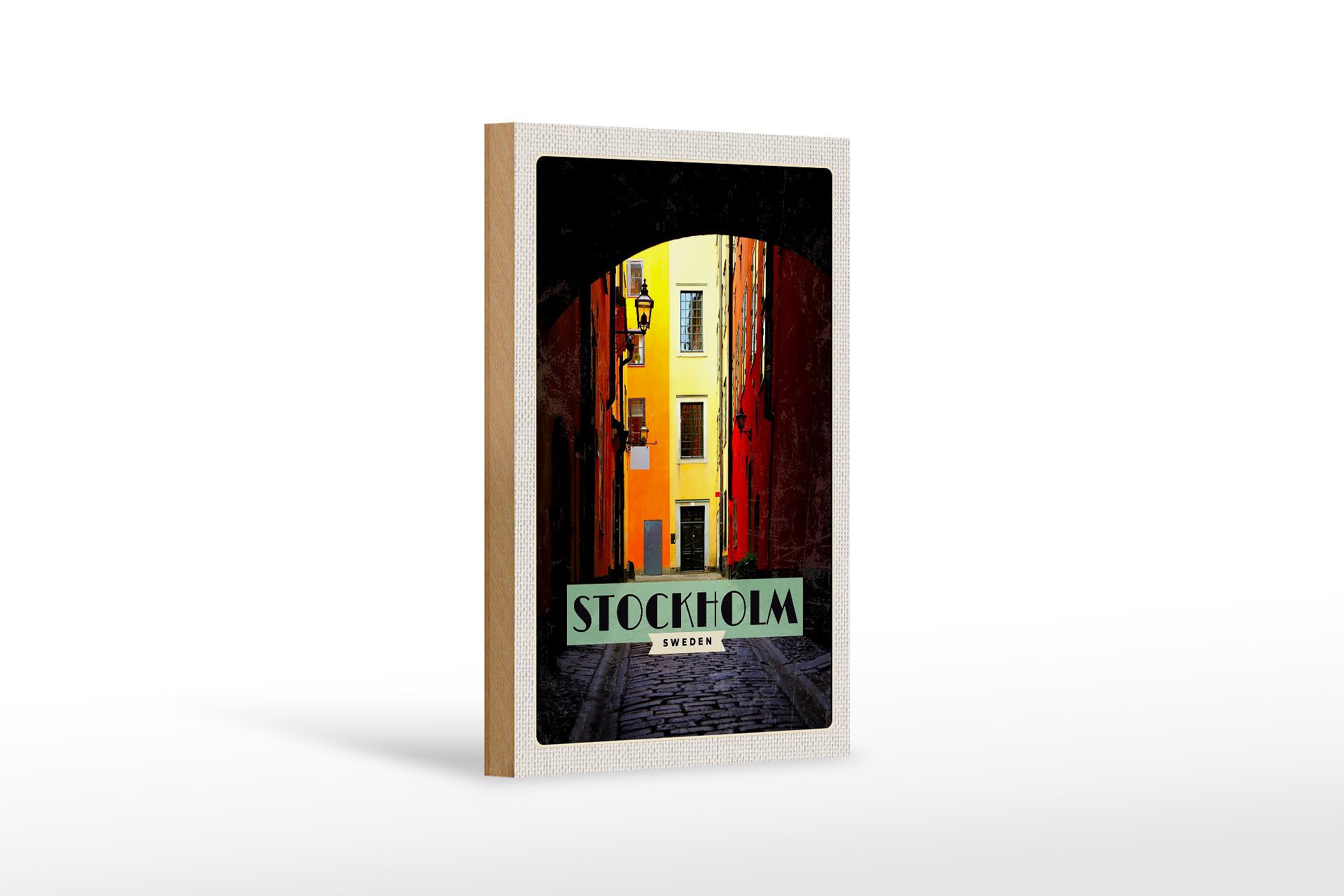Holzbild Reise 12x18 cm Stockholm Schweden Gasse Reise