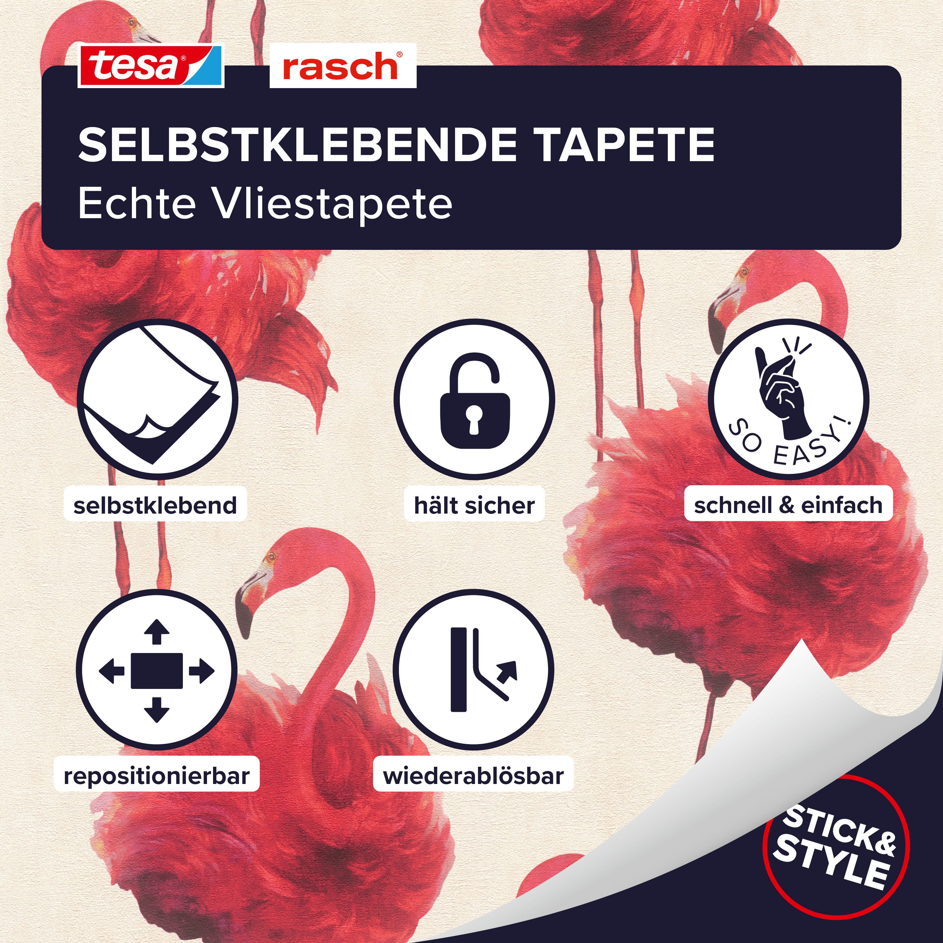 Rasch Vliestapete Flamazing - Selbstklebende Tapete Flamingo von tesa® x rasch®, strukturiert, tropisch, exotisch, (1 St), selbstklebend, 6,00m x 0,53m