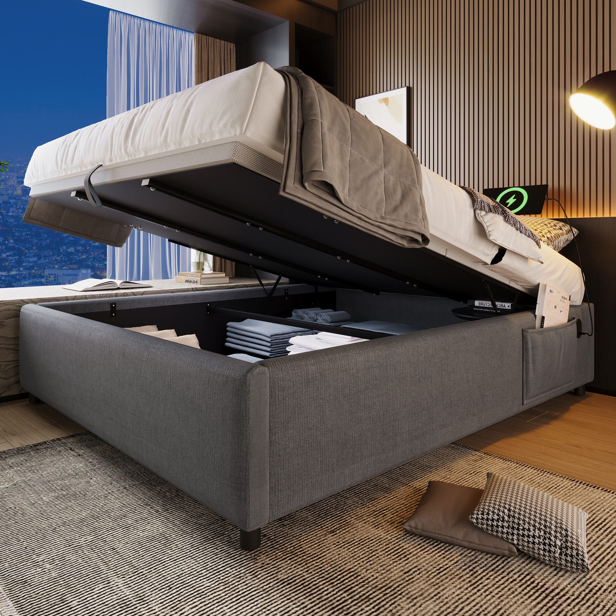 REDOM Polsterbett Ohne Kopfteil (Funktionsbett, Struraumbett Hydraulisch mit Bettkasten, 2-tlg., 160x200 cm, mit Matratze), mit USB- C, Seitentasche und Vollflächiger Lattenrost